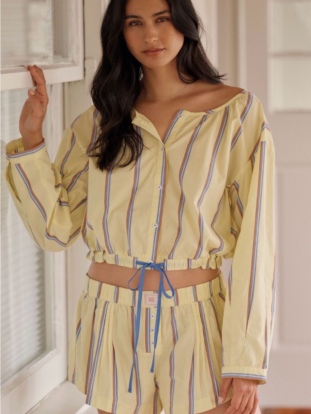 Lyre Bird Yellow Striped Button-Front Bubble Top & Shorts Set